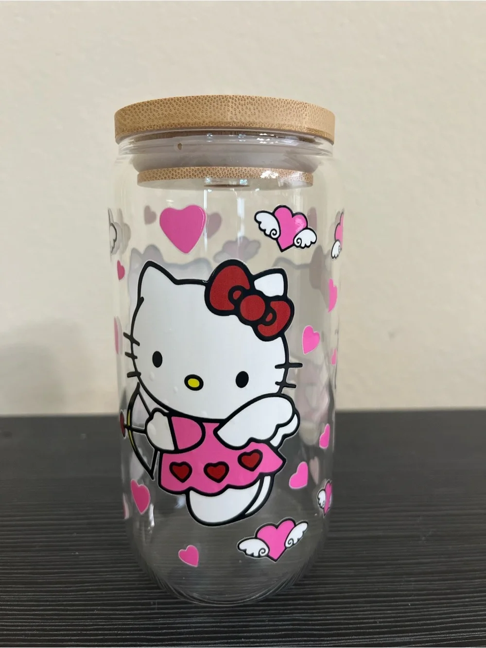 Hello Kitty character Drinking Jar with bamboo lid and reusable straw 16oz